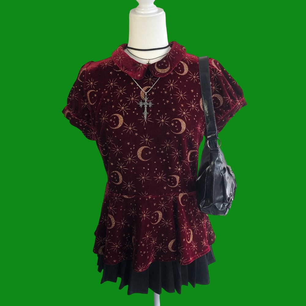 Collectif Burgundy Velvet Celestial Moon Star Peplum Top Whimsigoth Womens 8